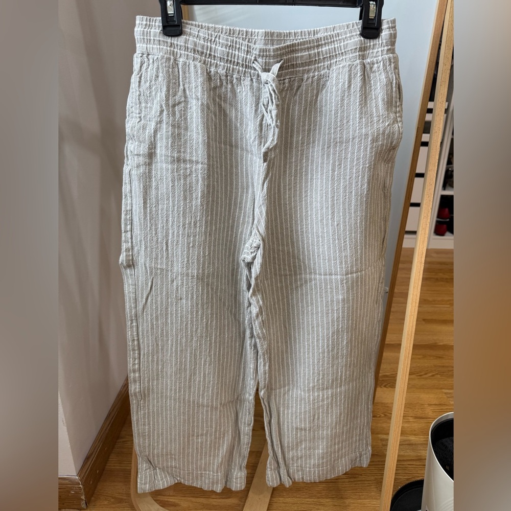 Rafaella Light Gray cream Linen Pinstripe Drawstring Joggers